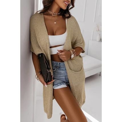 Khaki Dolman Half Sleeve Pocketed Long Cardigan