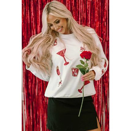 Beige Sequin Cheers Wineglasses Christmas Sweatshirt