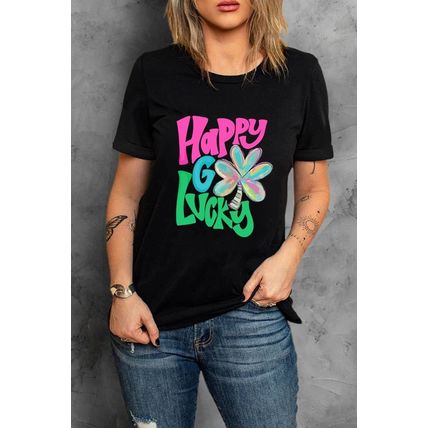 Black Happy GO Lucky Clover Print Crew Neck T Shirt