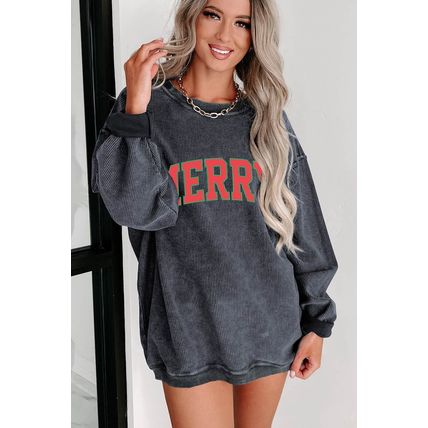 Gray MERRY Graphic Corded Pullover Sweatshirt