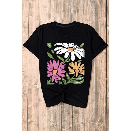 Black Retro Floral Print Crew Neck Casual T Shirt