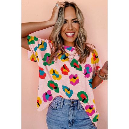 Pink Leopard Drop Shoulder Oversize Tee