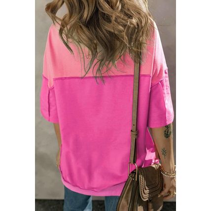 Rose Red Contrast Color Patchwork Half Button T Shirt