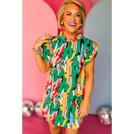 Green Abstract Print Frilled Neck Ruffled Sleeve Mini Dress