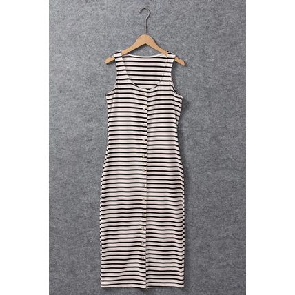 White Striped Print Sleeveless Buttoned Maxi Dress