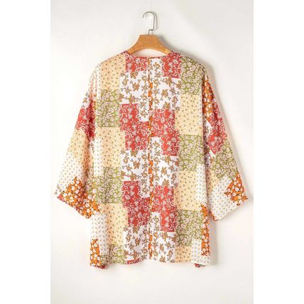 White Boho Patchwork Floral Open Front Kimono