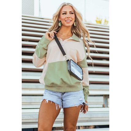 Laurel Green Colorblock Patchwork Buttoned Collar Kangaroo Pocket Sweatshirt