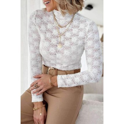 White Floral Lace High Neck Long Sleeve Top