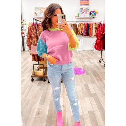 Rose Red Pearled Colorblock Crew Neck Half Sleeve Sweater
