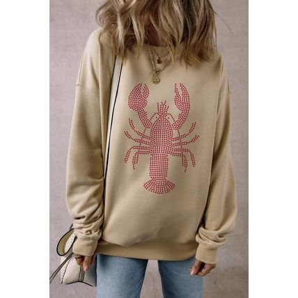 Parchment Rhinestone Crawfish Graphic Crewneck Oversized Sweatshirt