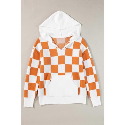 Gold Flame Checkered Split Neck Contrast Kangaroo Pocket Hooded Sweater