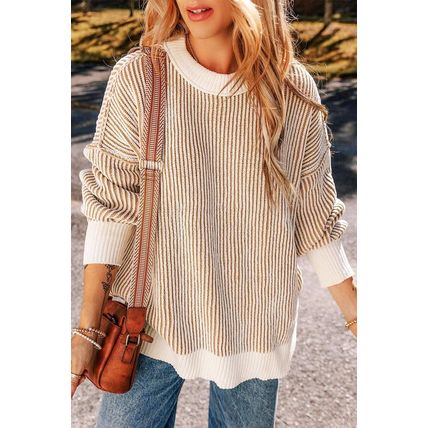 Chestnut Striped Textured Knit Contrast Edge Loose Sweater