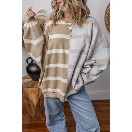 Khaki Stripe Colorblock Oversized Sweater