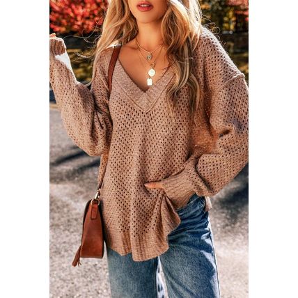 Dark Brown Loose Eyelet V Neck Drop Shoulder Sweater