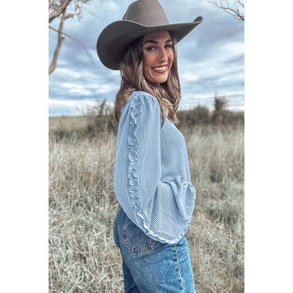 Mist Blue Corded Frilly Puff Sleeve Round Neck Blouse
