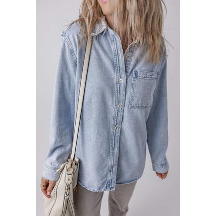 Beau Blue Long Sleeve Buttoned Chest Pocket Denim Shacket