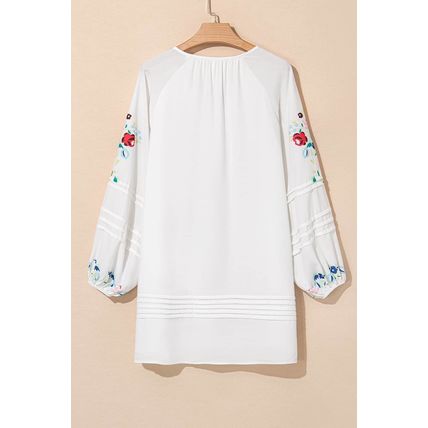 White Floral Print Boho Tassel Tie Split Neck Tucking Detail Puff Sleeve Mini Dr