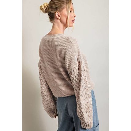 Parchment Cable Knit Sleeve Drop Shoulder Sweater