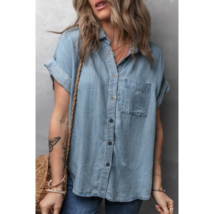 Dusk Blue Folded Short Sleeve Patched Pocket Denim Shirt