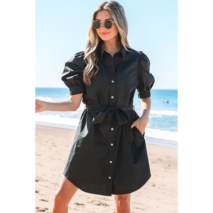 Black Button Up Tie Waist Puff Sleeve Mini Dress