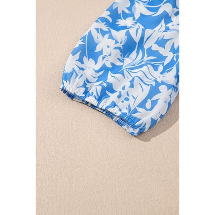 Sky Blue Floral V Neck Puff Short Sleeve Flowy Long Dress