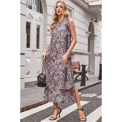 Multicolour Leopard Checkered Double Printed Reversible Sleeveless Long Dress