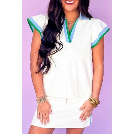 White Colorblock Edge Cap Sleeve Collared Top 2 Piece Skirt Set