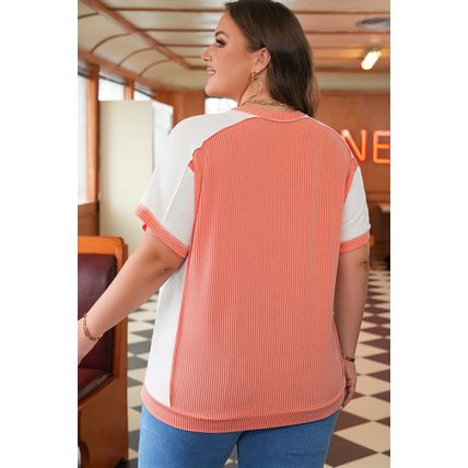 Carrot Twist Rib Colorblock Hi Low Plus Size Short Sleeve Top