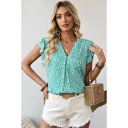 Green Notched V Neck Leopard Ruffle Short Sleeve Blouse