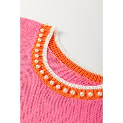 Bright Pink Contrast Trim Pearl Detail Sweater Tank Top