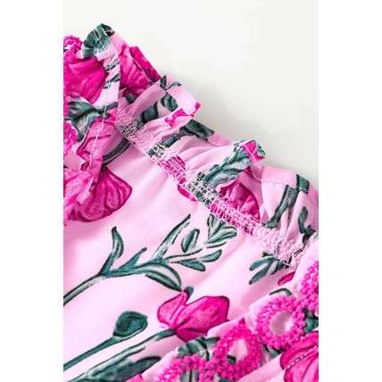 Pink Floral Lace Detail Frilled V Neck Summer Blouse