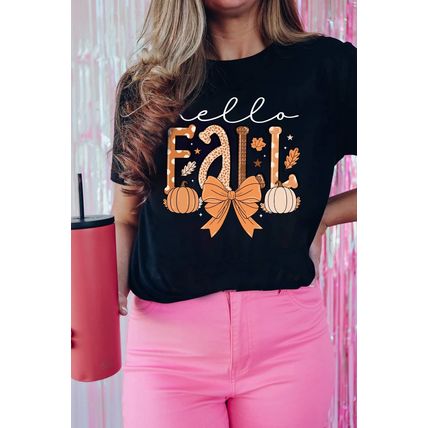 Black Hello Fall Thanksgiving Bow Pumpkin Graphic Tee