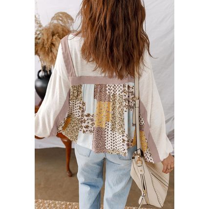 White Floral Printed Contrast Patchwork Long Sleeve Top