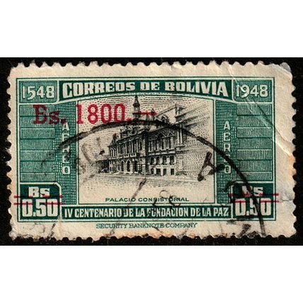 Bolivia Es 1800 Overprint on 1951 La Paz 0,50Bs Airmail Used Stamp