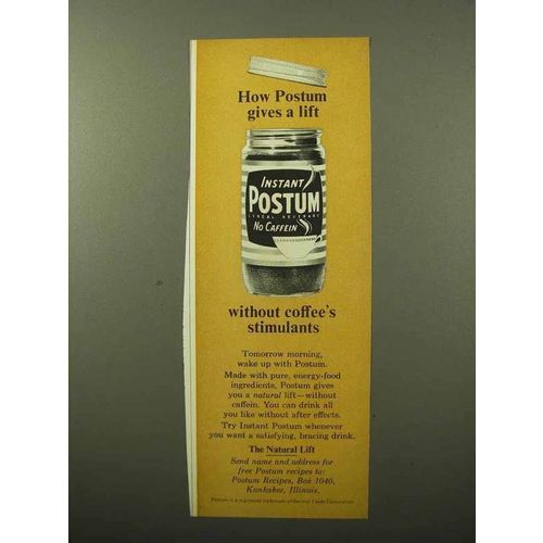 1964 Instant Postum Ad - Gives Lift Without Stimulants