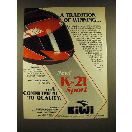 1990 Kiwi K-21 Sport Motorcycle Helmet Ad - A tradition of winning