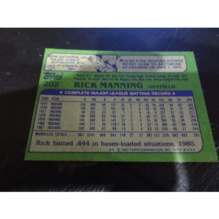 1982 Topps Card # 202 Rick Manning Excellent (5) Cleveland Indians