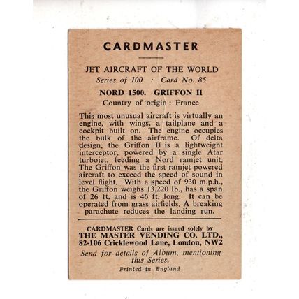 CARDMASTER JET AIRCRAFT OF THE WORLD 1958 NORD 1500 GRIFFON 11 No.85 FRANCE