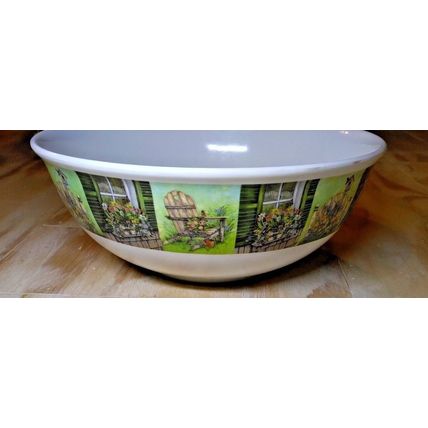 2006 Melamine Casual Gourmet 12" Serving Bowl Garden Flowers Birdhouse XLG