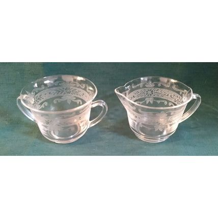 Macbeth Evans 1930's "S" Pattern Stippled Rose Band Clear Crystal Tea Set 10 Pc.