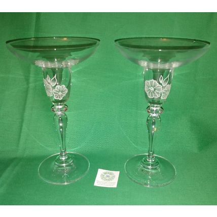 PAIR OF CLEAR GLASS CHAMPAGNE COUPE STYLE CANDLEHOLDERS w WHITE FLOWER DESIGN