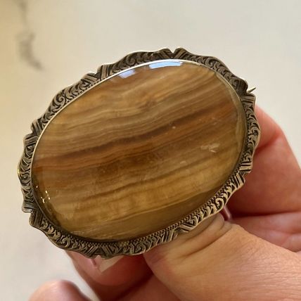 Antique Vintage Victorian Extremely Large and Heavy Silver Agate Brooch - 20.5 g