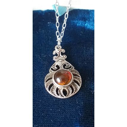 Antique Vintage 1940-s 925 Sterling Silver Natural Amber Pendant & 18 Inch Chain