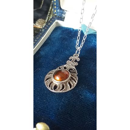 Antique Vintage 1940-s 925 Sterling Silver Natural Amber Pendant & 18 Inch Chain