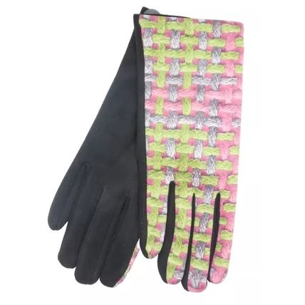 Ladies Gloves Pink & Green Weave Detail with Black Back 23 CM Clothing Accessory