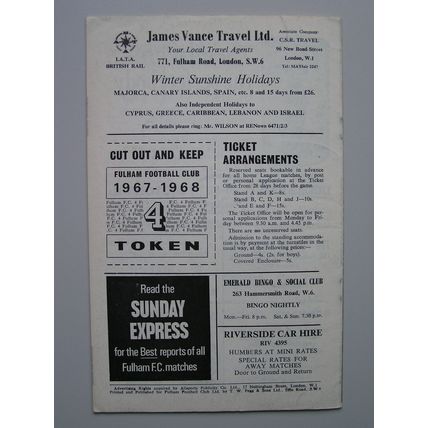 FULHAM v HUDDERSFIELD TOWN League Cup 5th Round 29/11/1967