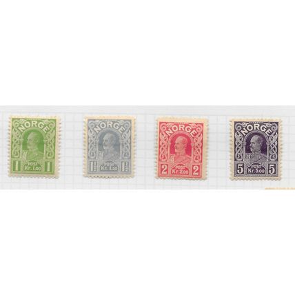 NORWAY 1910 HAAKON 7th KING SET COMPLETE SOLID BACKGROUND MINT MH 4 STAMPS