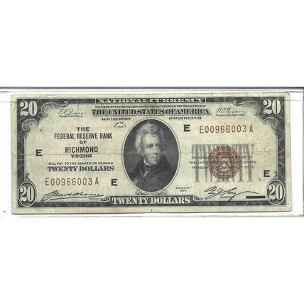 1929 US Federal Reserve Bank of Richmond Virginia VF/XF
