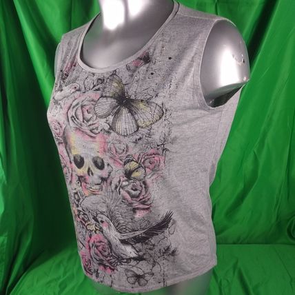 Dots Women's Sleeveless T-Shirt Gray Skull & Cross Sz XL