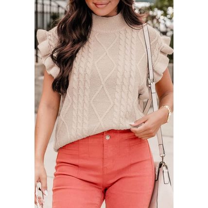Parchment Cable Knit Mock Neck Cap Sleeve Sweater